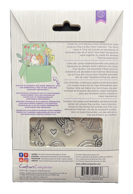 Cardboard packaging with cut-out shapes and text, featuring a unicorn design on a white background.