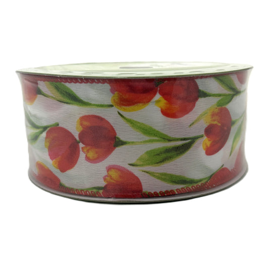 Bright Pink Tulip Floral - 2.5” x 50 yds - Wire Edged Premium Ribbon