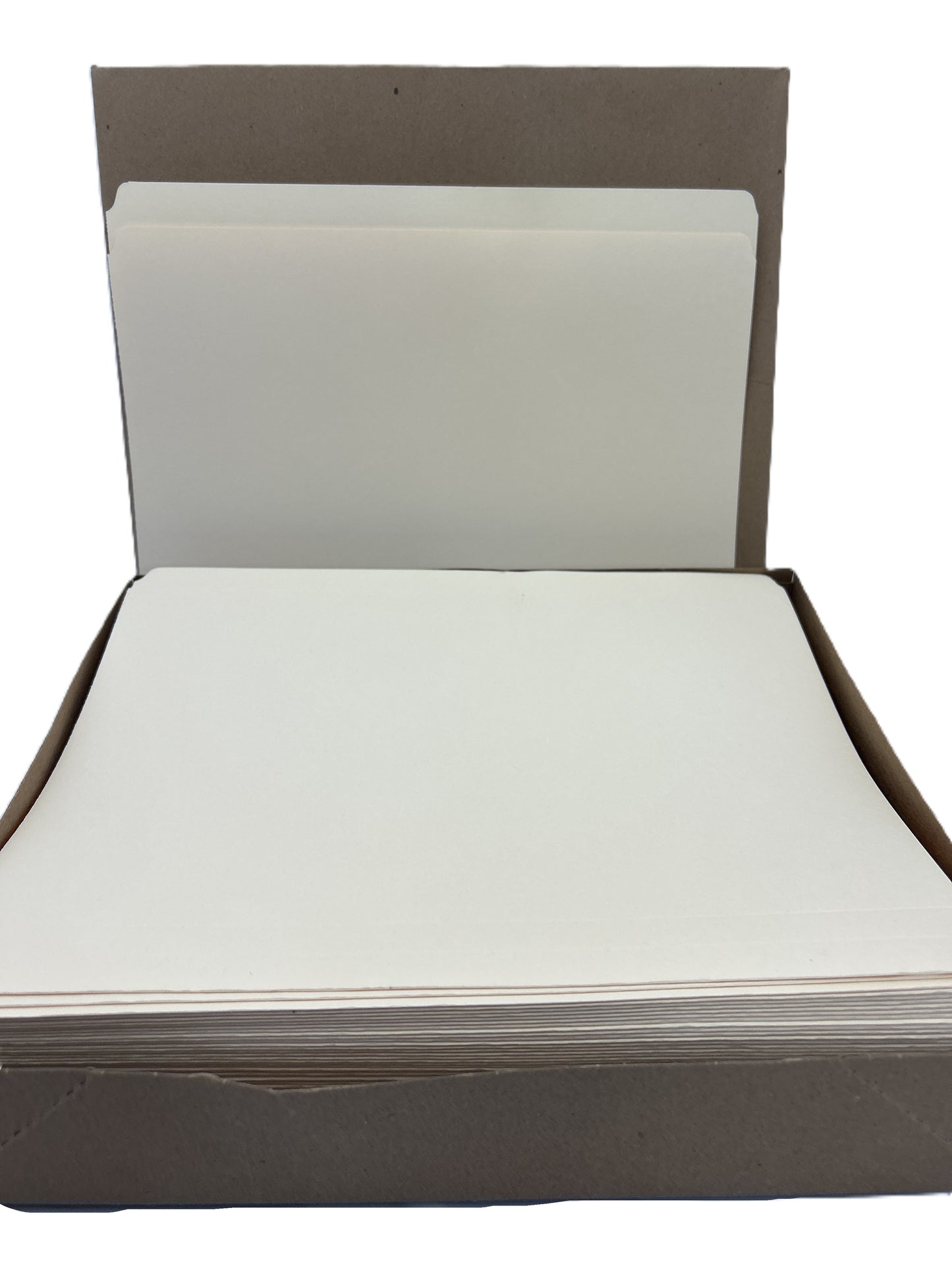 Open box containing white sheets of paper on a white background