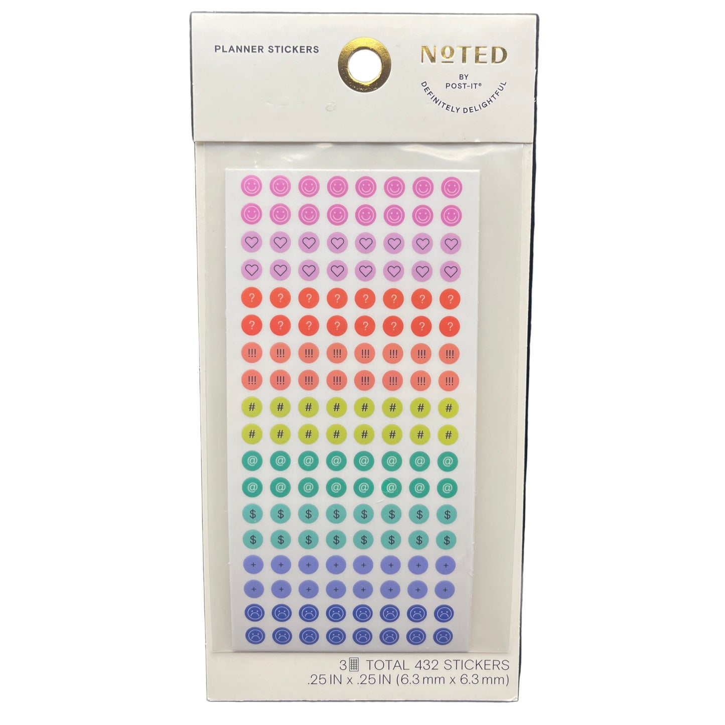 Packaged planner stickers with a rainbow color pattern on a white background