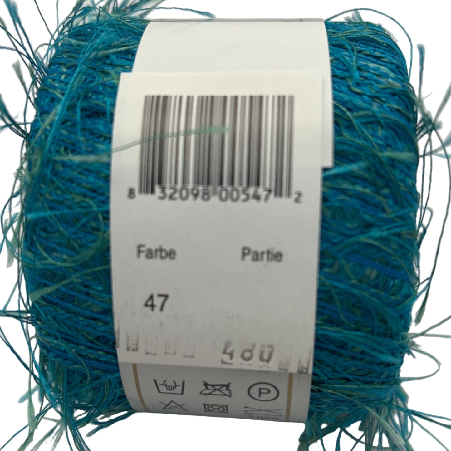 Blue yarn ball with a label on a white background