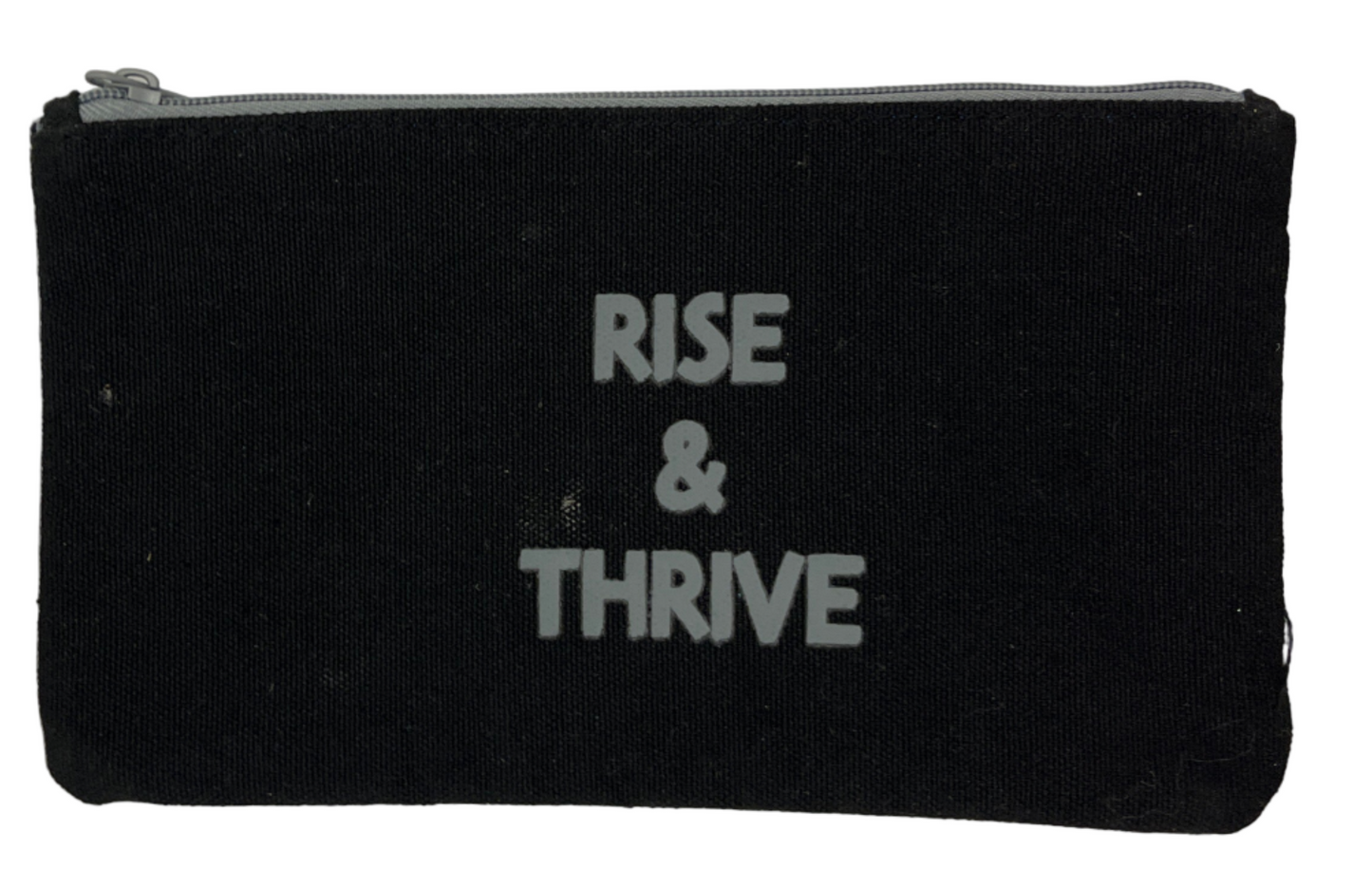 Black pencil pouch with 'THrive & Rise' text on a white background, featuring Room Essentials branding.