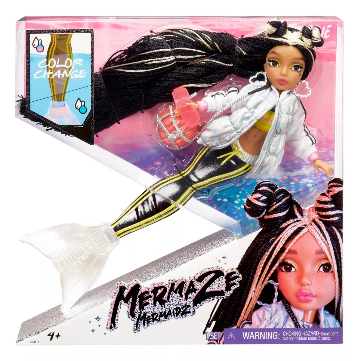 Mermi2e Mermaidz doll packaging with mermaid-themed design and color-changing feature.