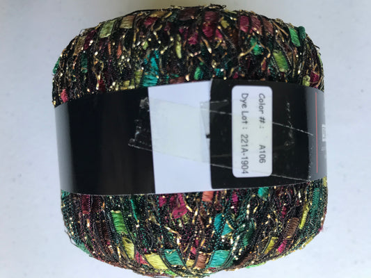 Multicolored yarn ball with a label on a white background