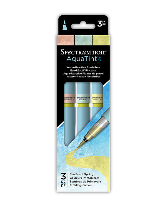 Packaging of Spectrum Noir Aquatint water Reactive brush pens with three shades on a white background.