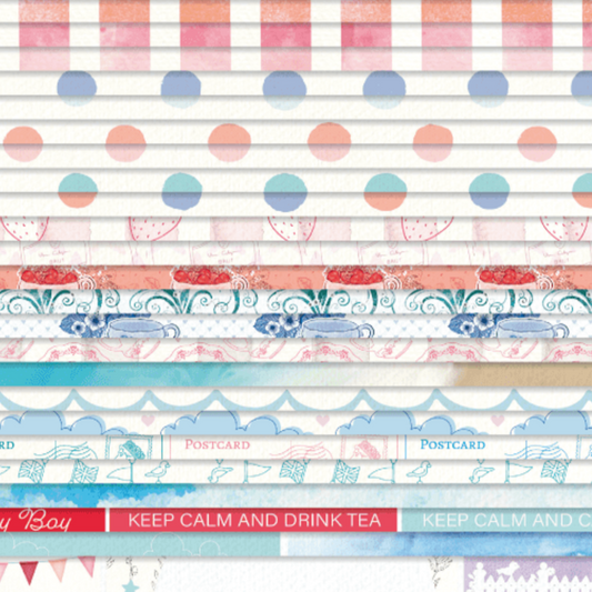 Collection of colorful patterned paper strips with text on a white background