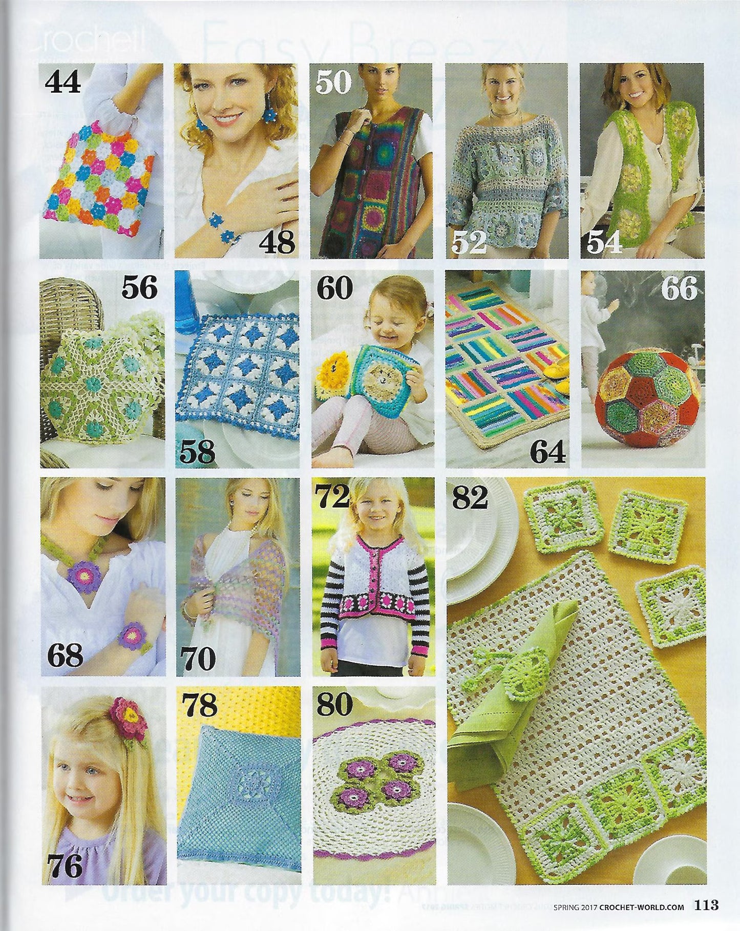 Page from a crochet pattern book with various colorful crochet projects and people wearing them.