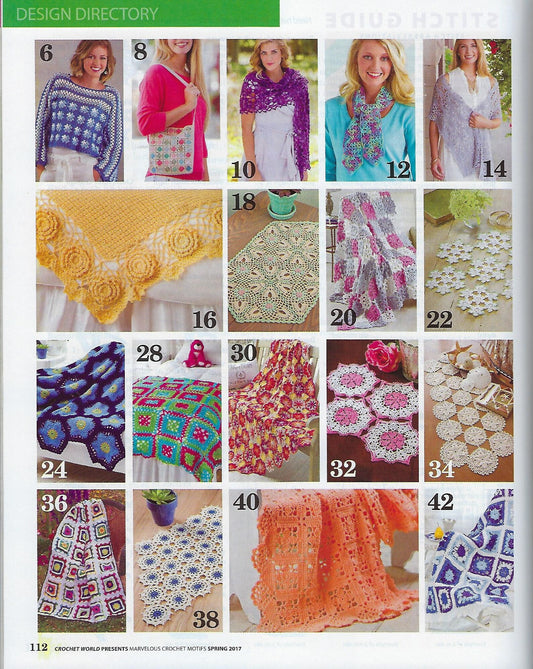 Design directory of crochet patterns with various colorful items.