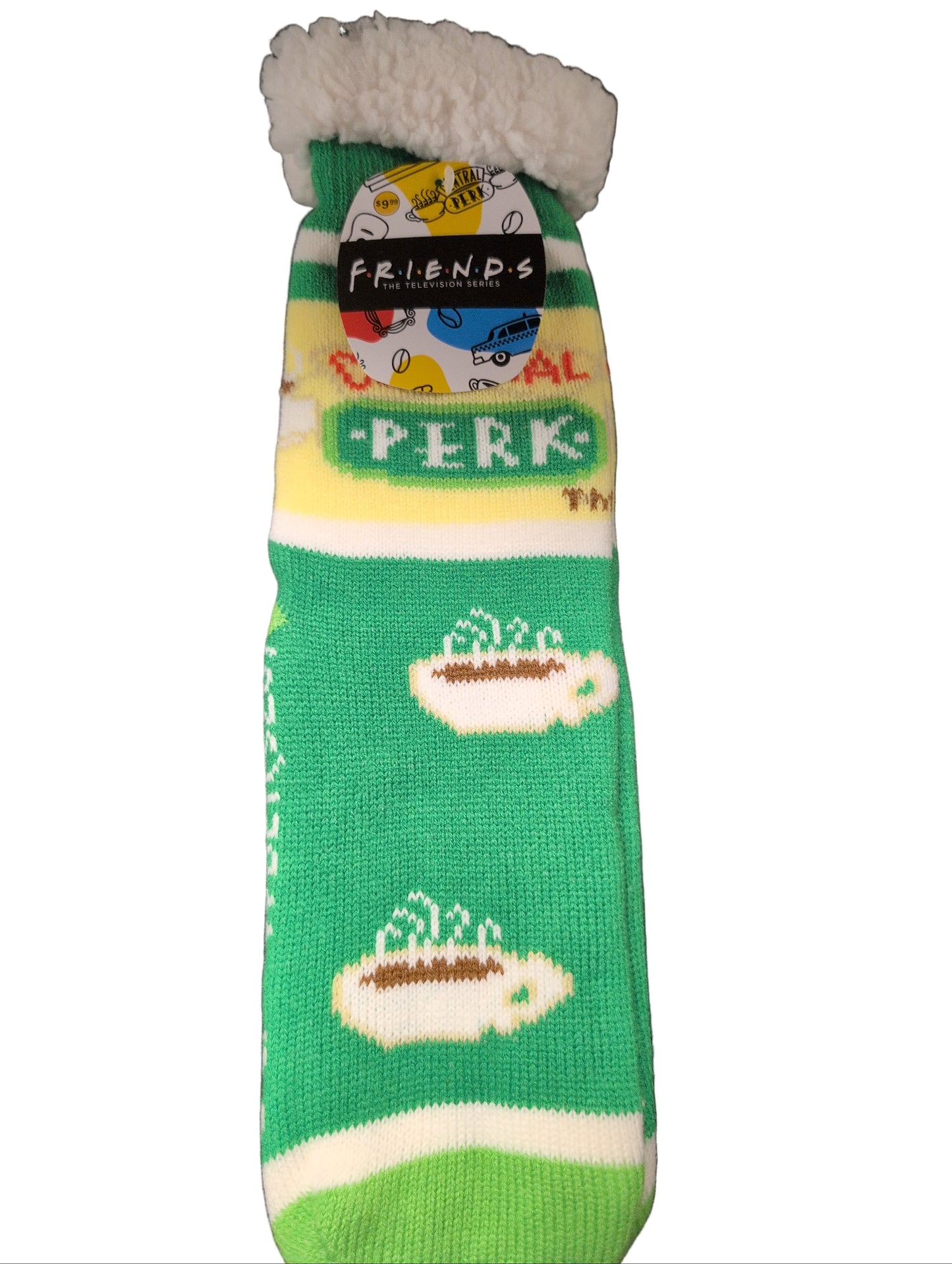 Green sock with 'Friends' character designs on a dark surface