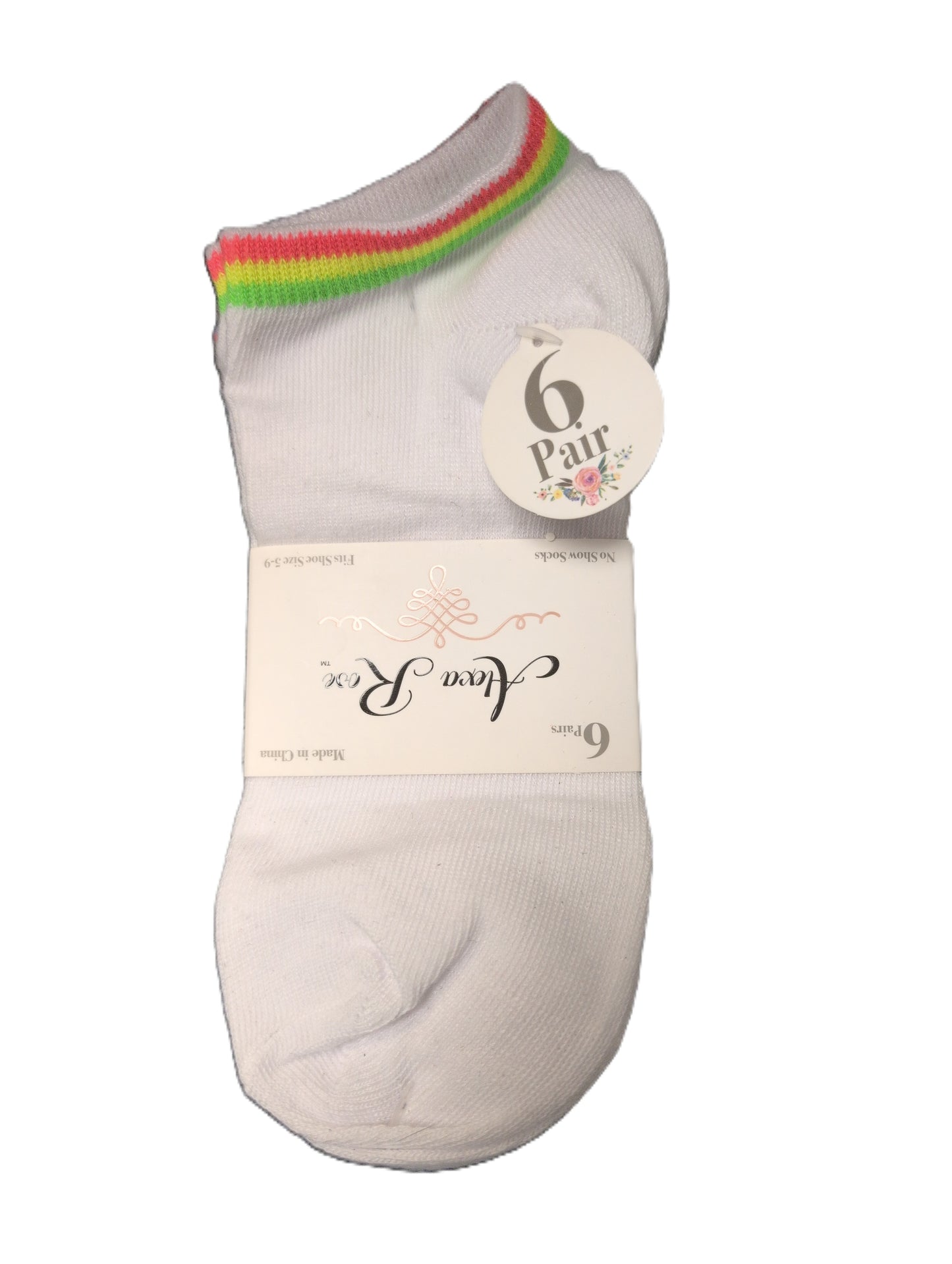 Pack of six pairs of white ankle socks with a colorful trim on a white background