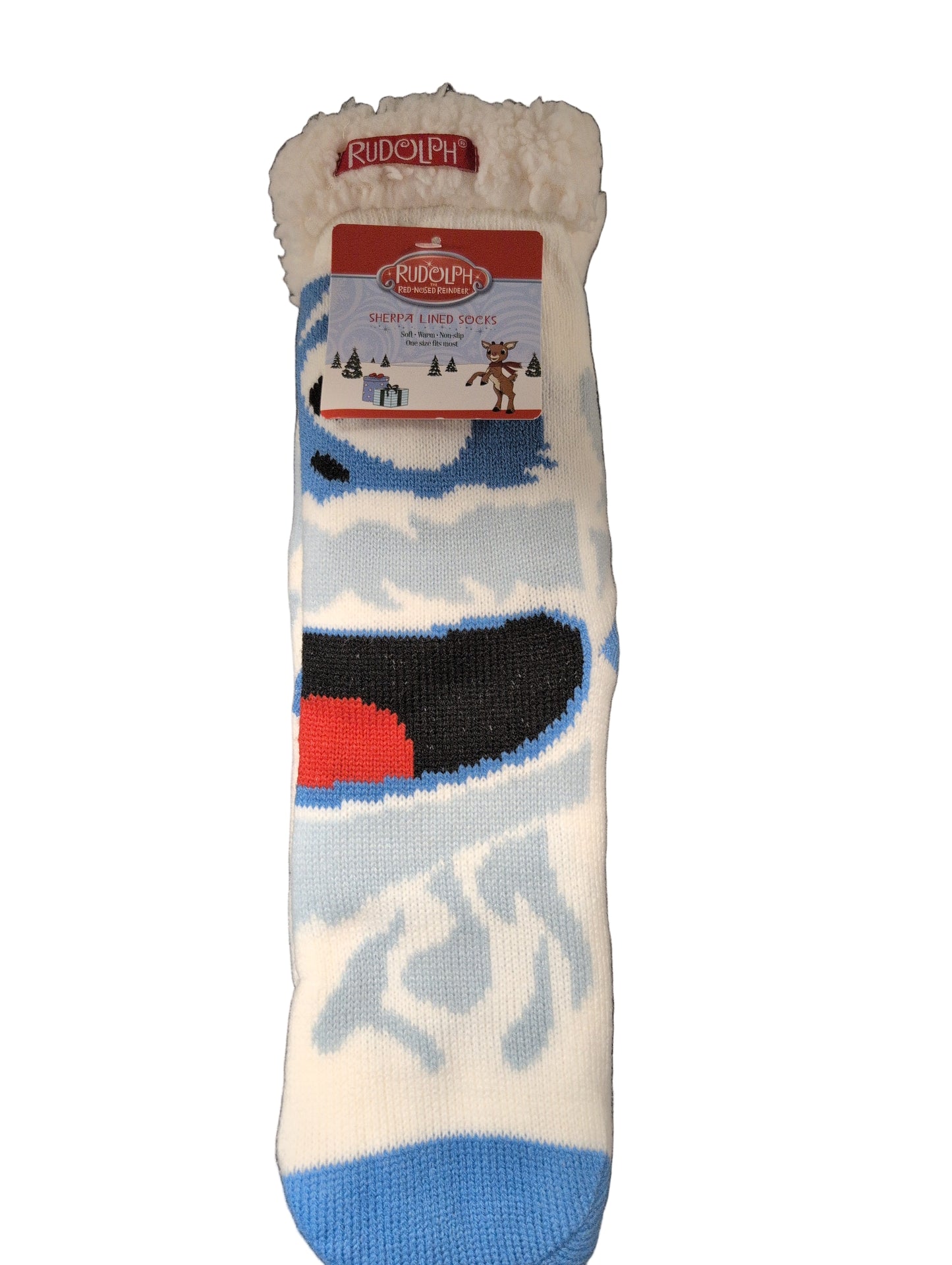 Colorful sock with a brand label on a dark surface
