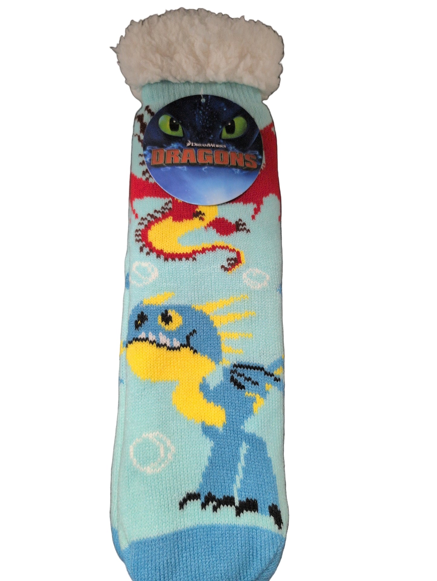 Colorful sock with cartoon characters on a dark surface