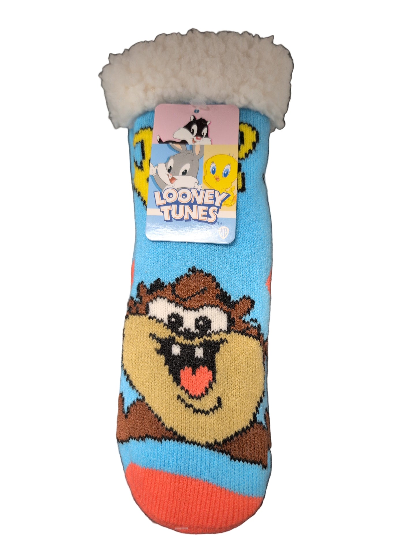 Cartoon-themed sock with character design on a dark surface