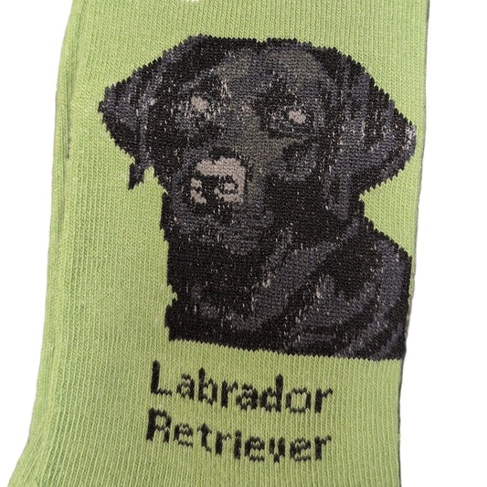 Green sock with black Labrador Retriever design and 'Socks By Lucy' label.
