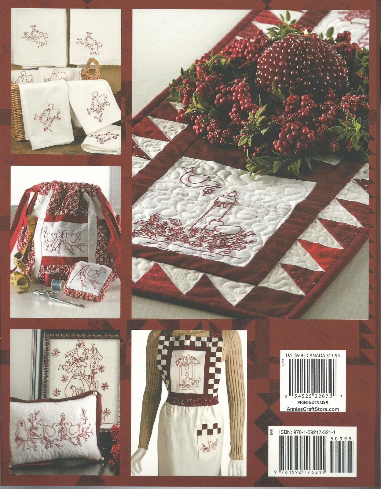 Collage of embroidered items including a table runner, towels, and a pillow with red and white patterns.