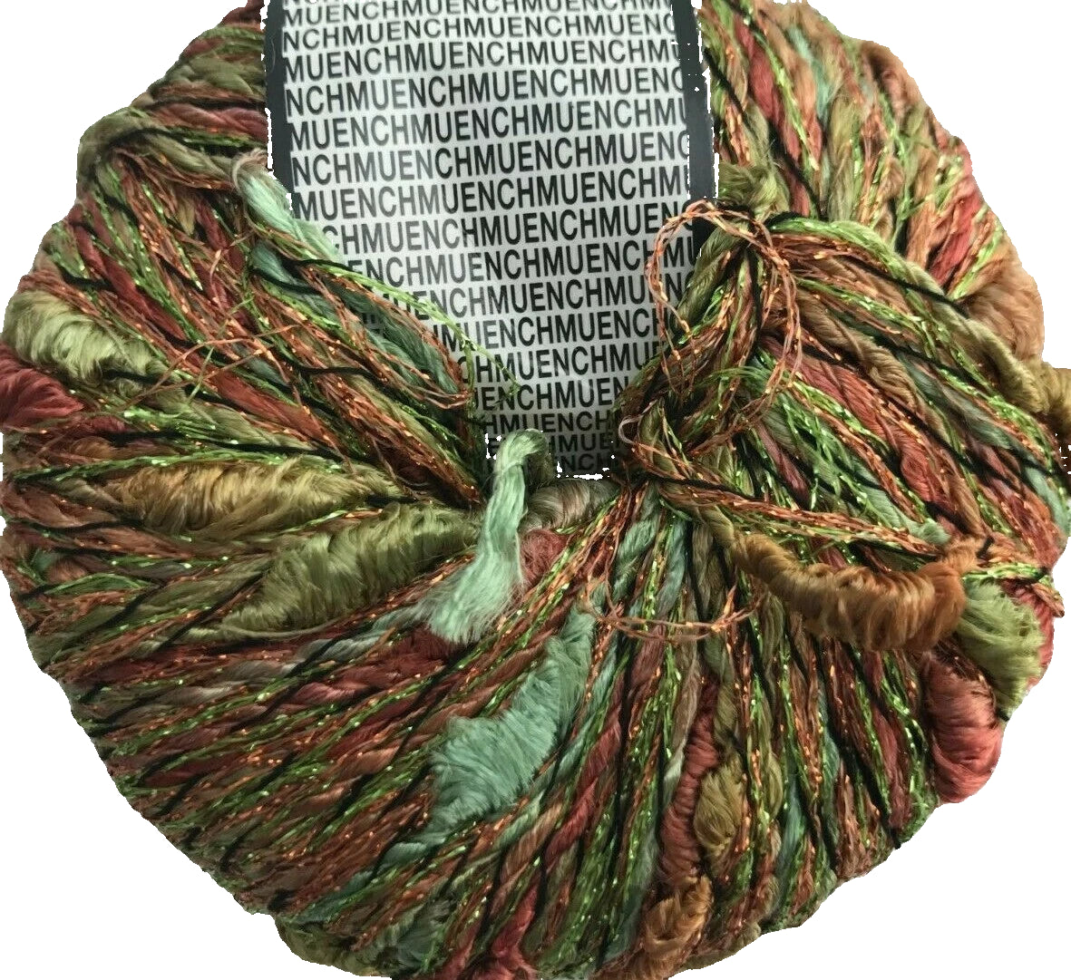 Multicolored yarn ball with a brand label on a white background