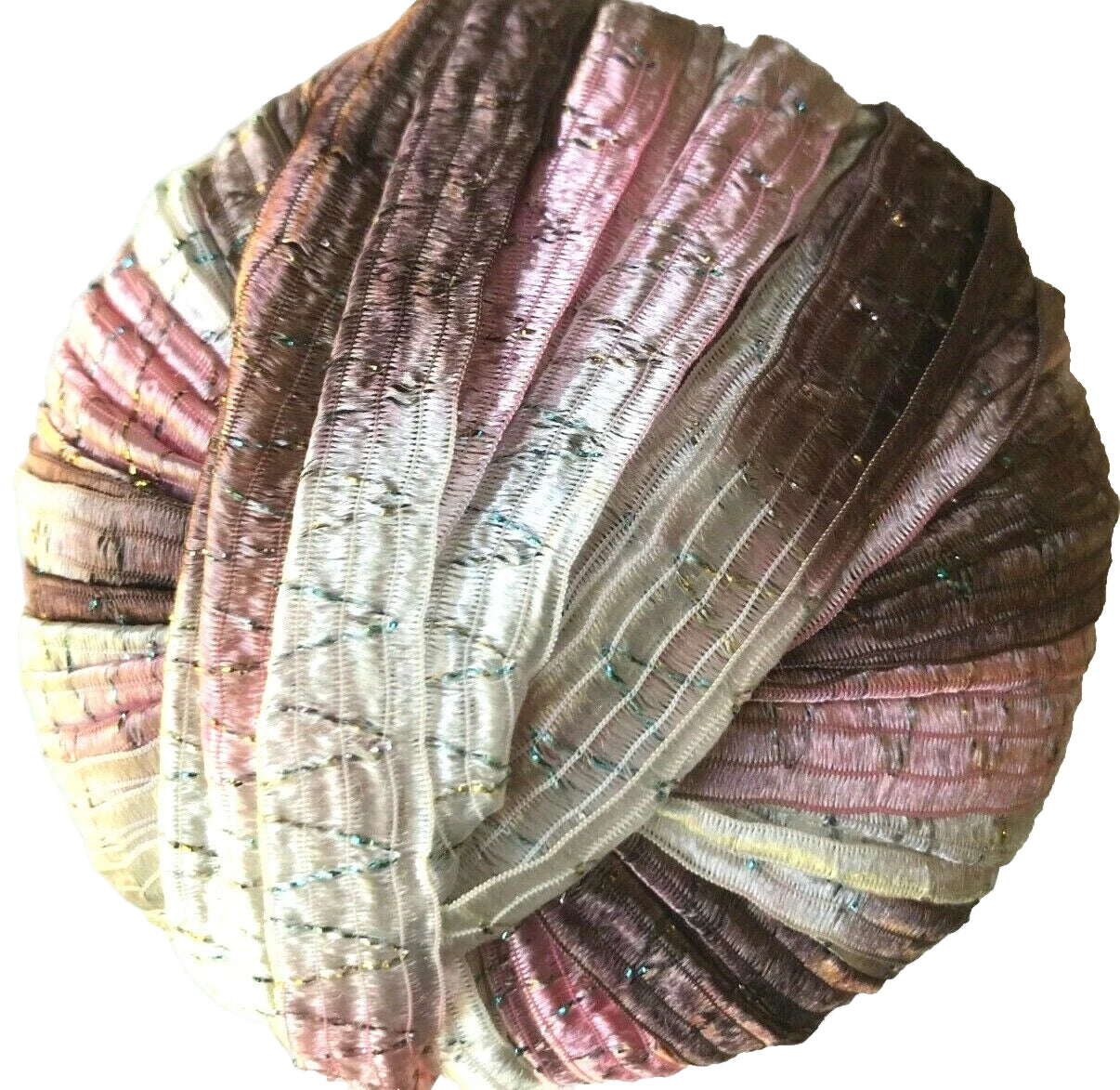 Multicolored yarn ball with a gradient of brown, pink, and beige on a white background
