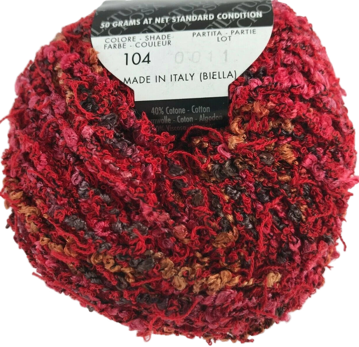 Red and brown yarn ball with a label on a white background