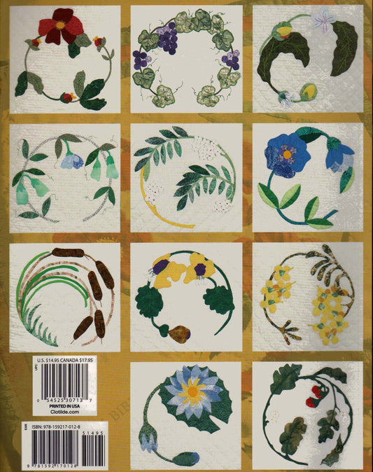 Grid of floral and leaf patterns on a textured surface