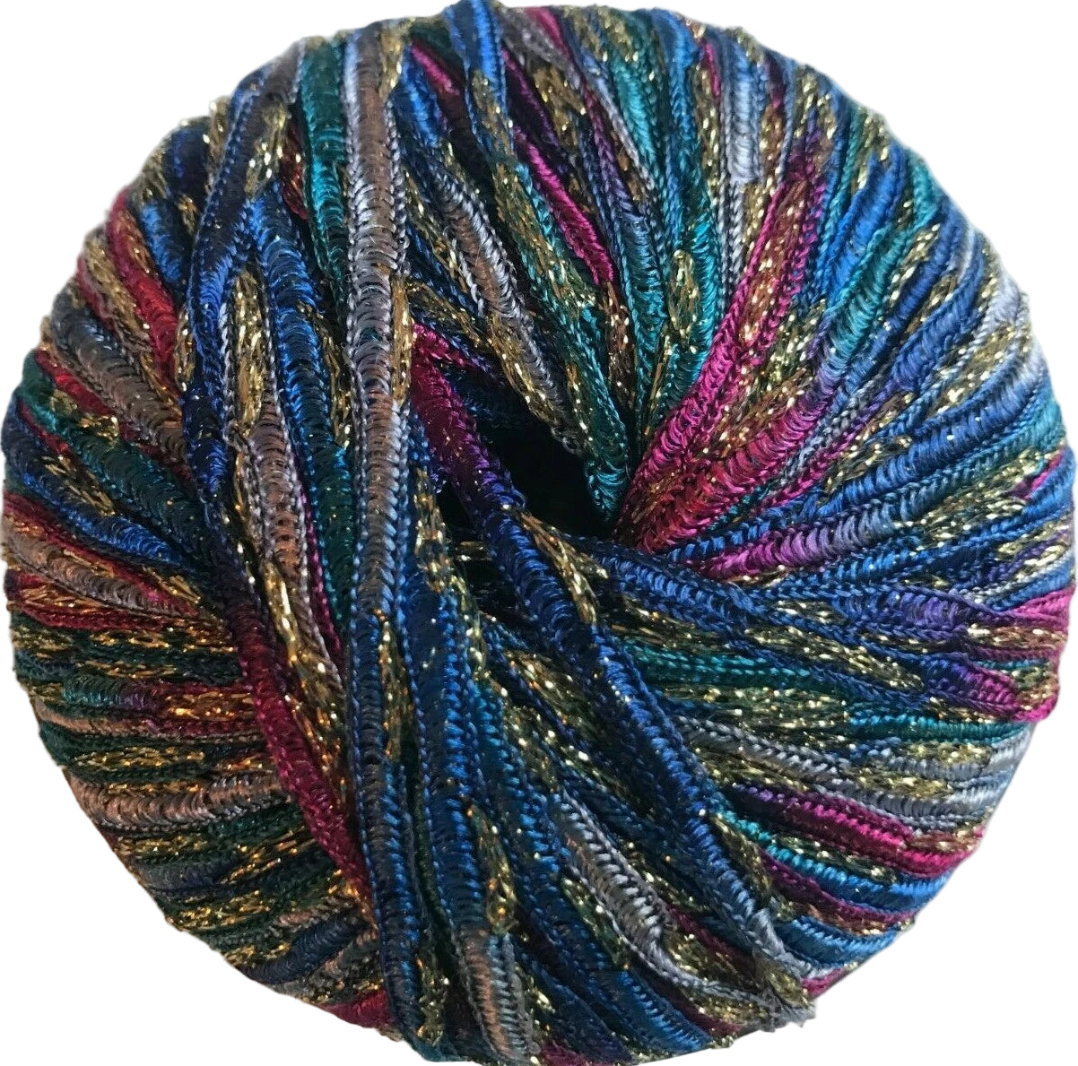 Multicolored yarn skein with metallic sheen on a white background
