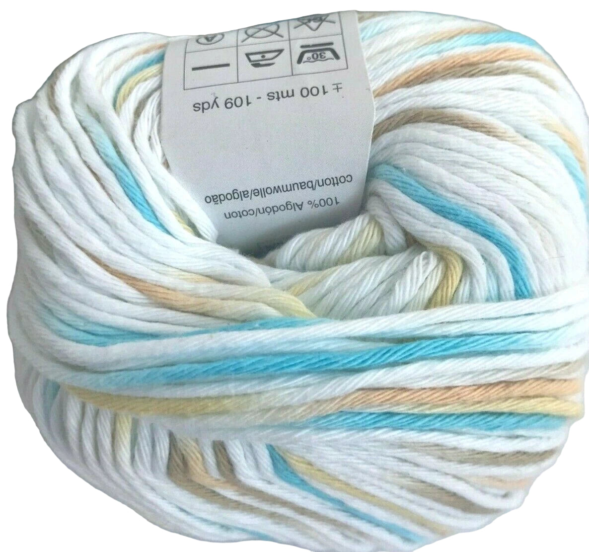 Multicolored yarn ball with a label on a white background