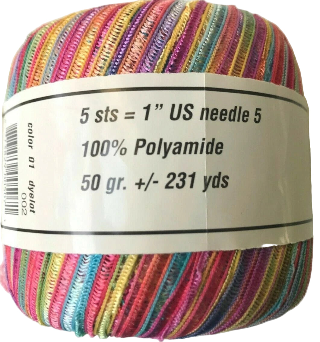 Multicolored skein of yarn with label on a white background