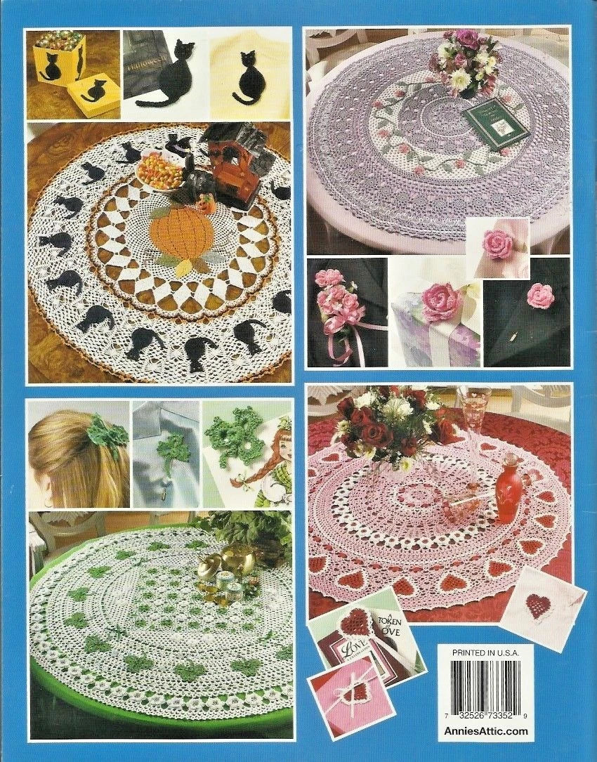 Collection of crochet doilies with various patterns and designs on a blue background.