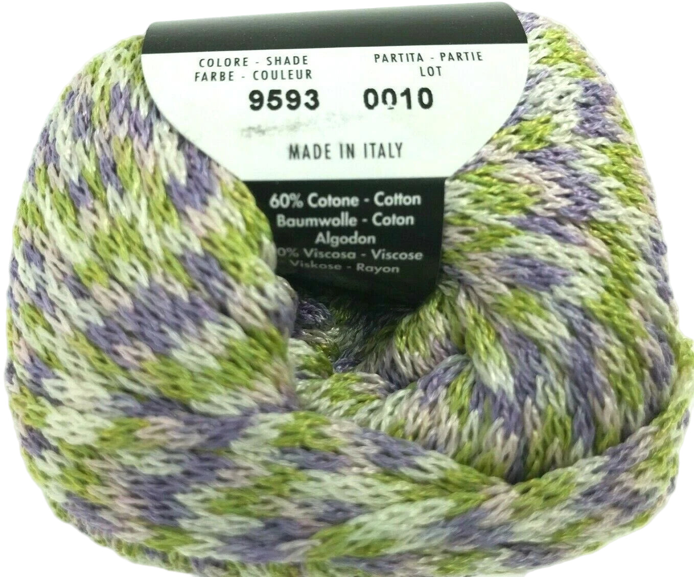 Spool of green and purple yarn with a label on a white background