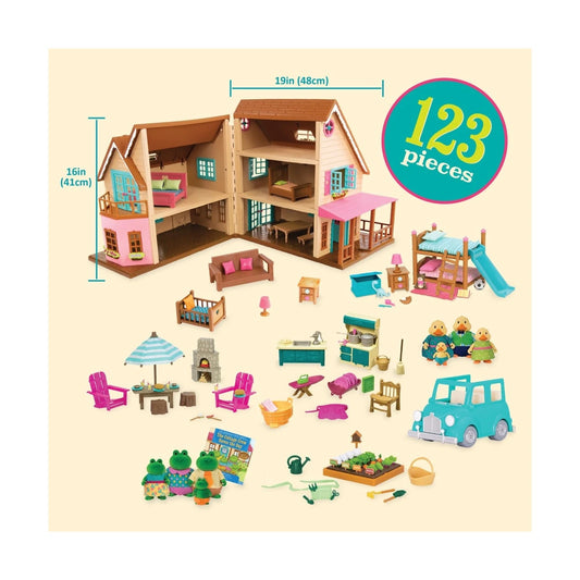 Toy house set with various furniture pieces and accessories on a beige background