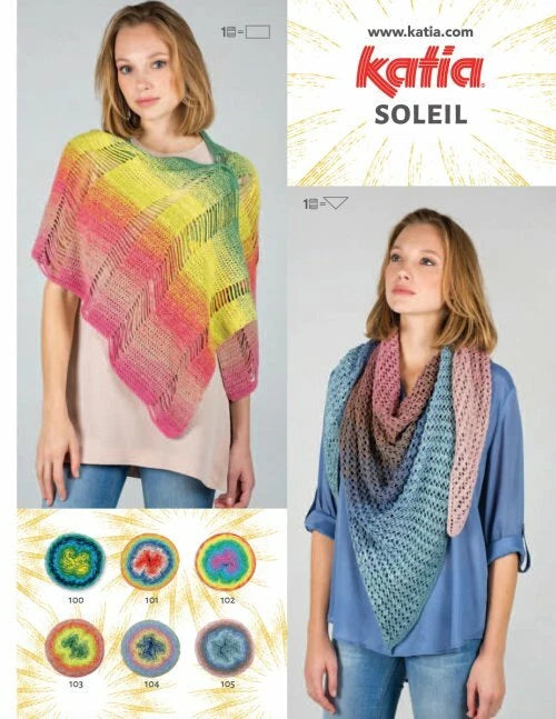 Two models wearing colorful knitted shawls with Katia Soleil branding and product images.