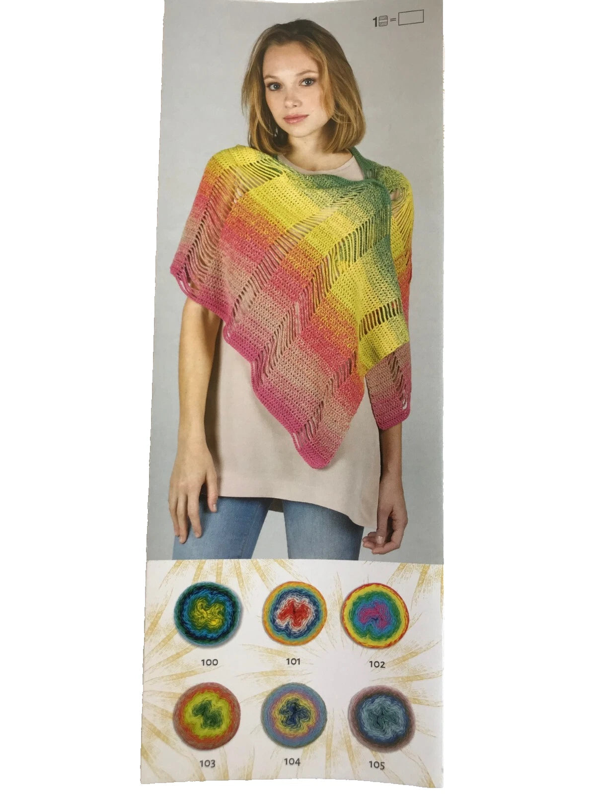 Woman wearing a colorful knitted shawl with pattern swatches below on a white background
