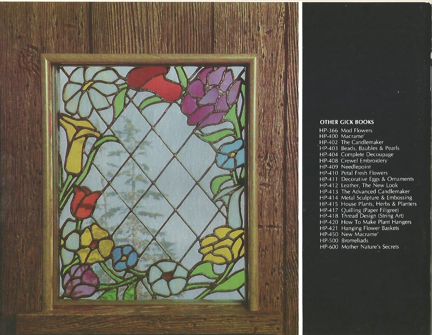 Stained glass panel with floral design on a wooden frame, next to a list of other craft books.