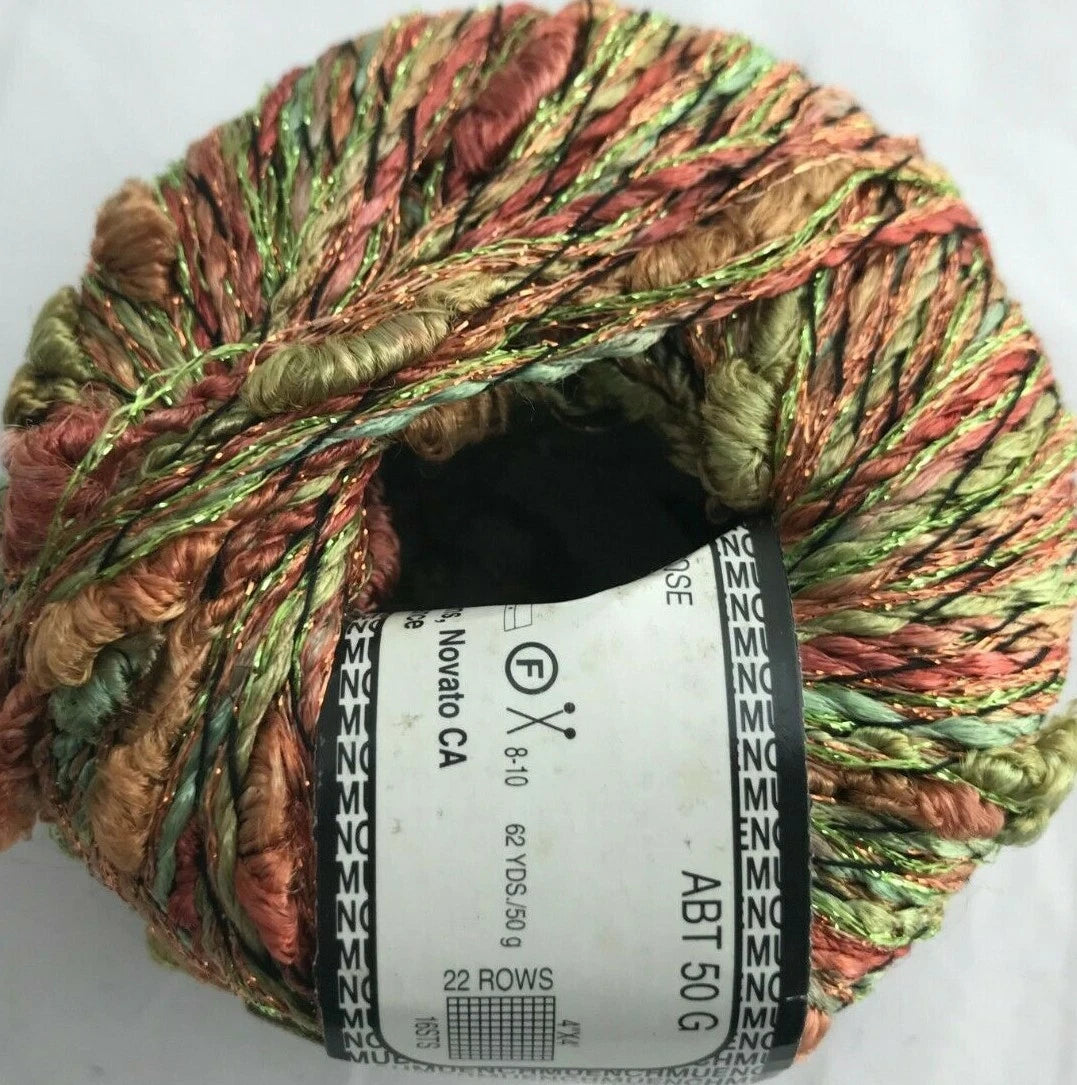 Multicolored skein of yarn with a label on a white background