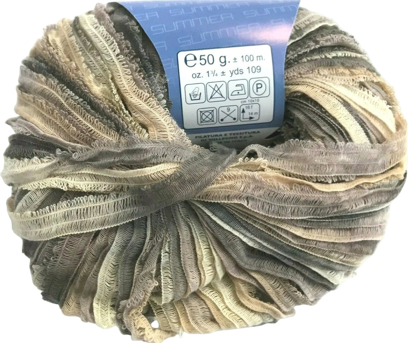 Ball of yarn with a label on a white background