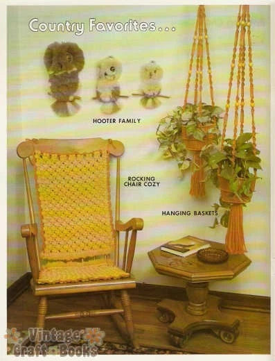 Vintage advertisement for 'Country Favorites' with a rocking chair, plants, and decorative items.