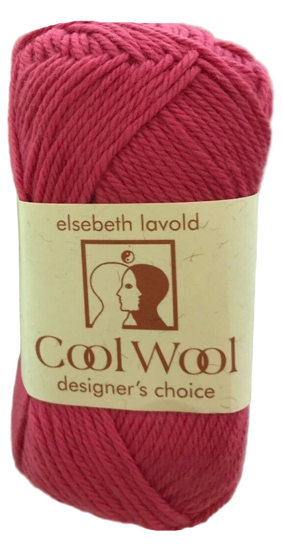 Red skein of yarn with 'elsebeth lavold Cool Wool' label on a white background