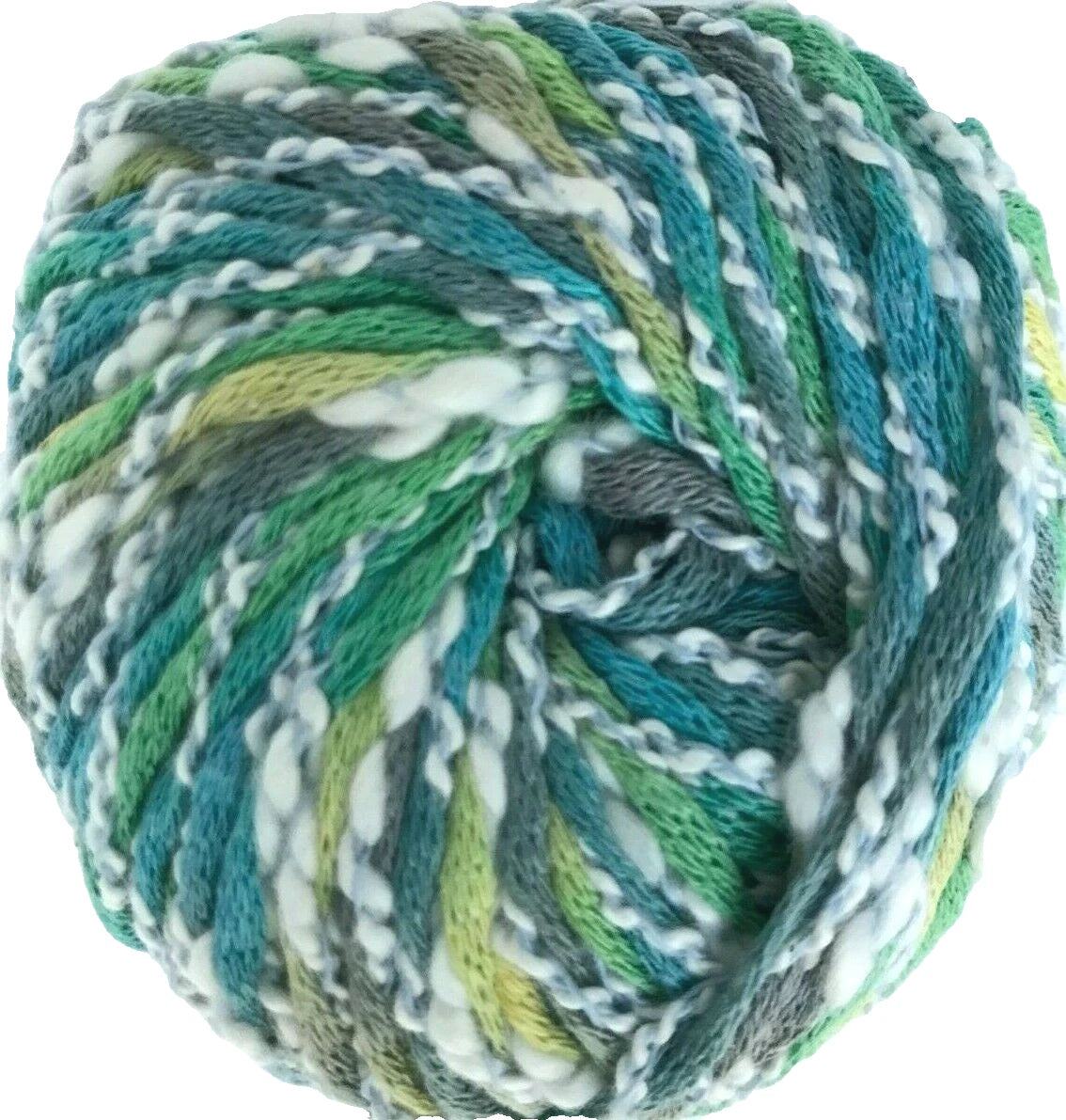 Multicolored yarn ball with green, blue, and white tones on a white background