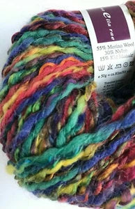 Multicolored yarn ball with a brand label on a white background