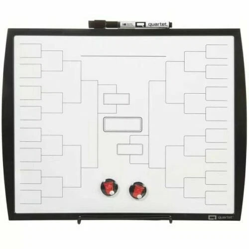 Whiteboard with bracket design and markers on a white background