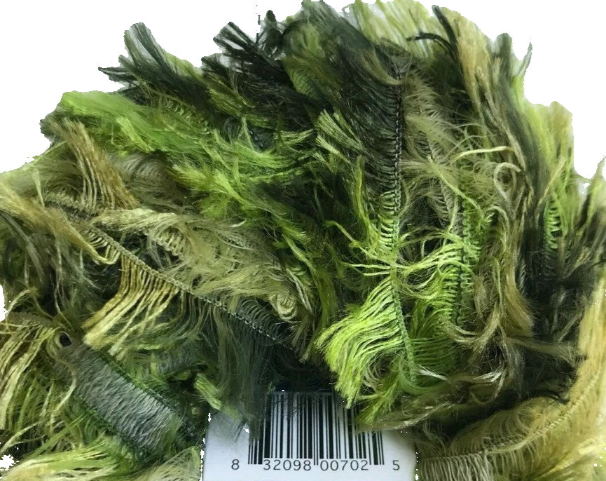 Green feathered product with a barcode label on a white background