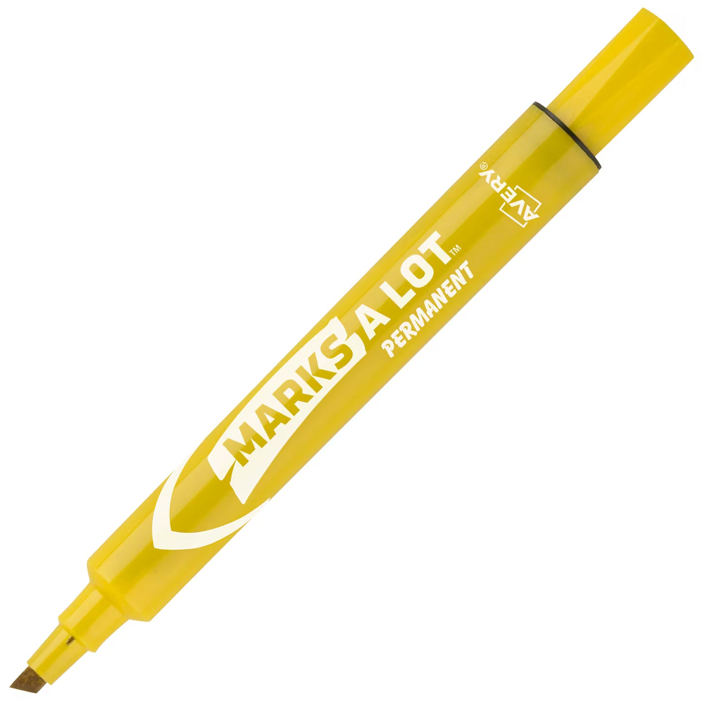 Yellow permanent marker with 'Marks A Lot' text on a white background