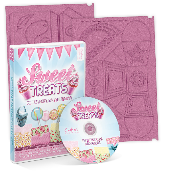 Craft kit with 'Sweet Treats' book, embossing folder, and CD on a white background