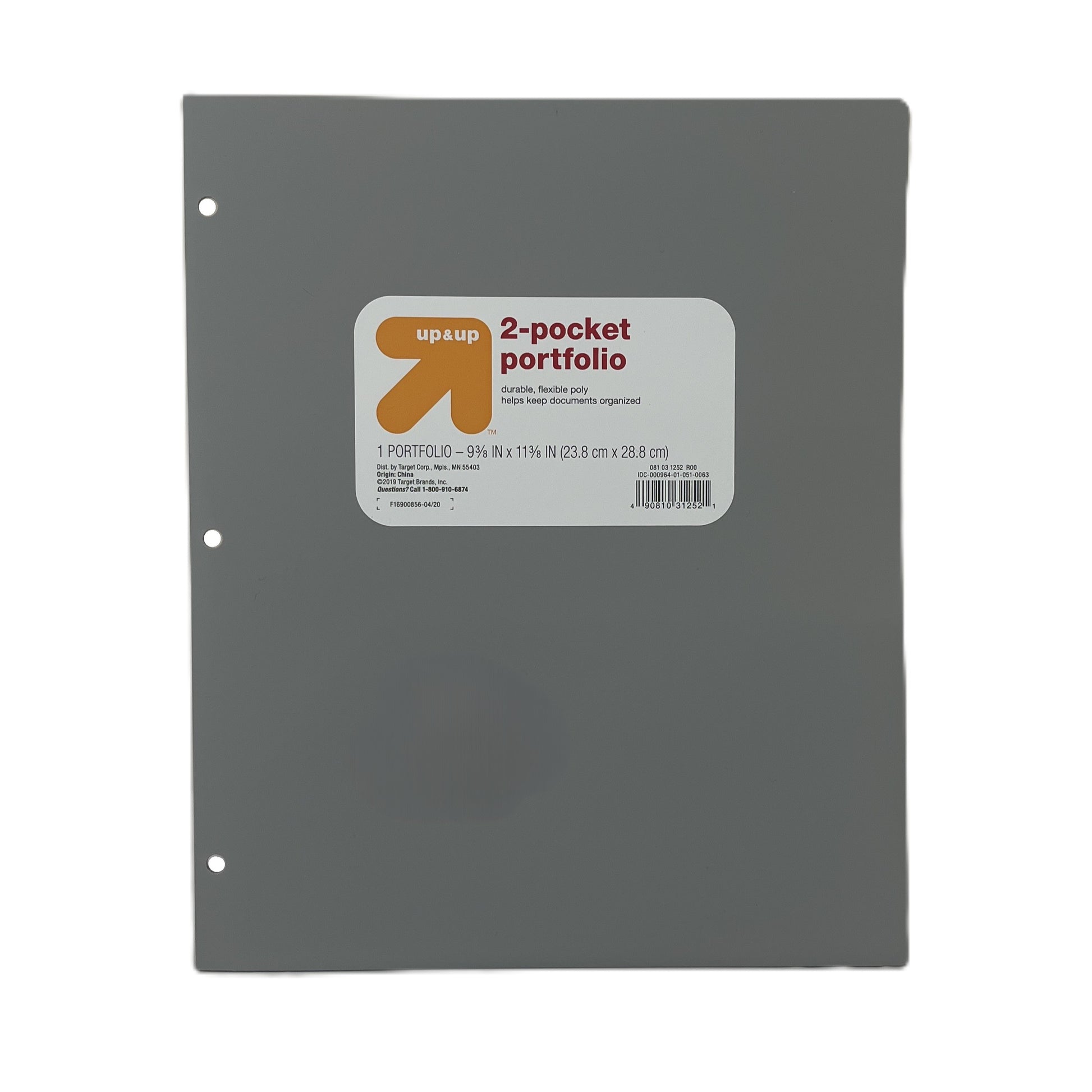 Gray two-pocket portfolio with a label on a white background
