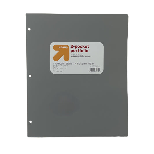 Gray two-pocket portfolio with a label on a white background