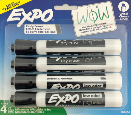 Pack of Expo dry erase markers with chisel tip on a blue background