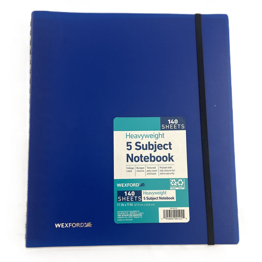 Blue 5-subject notebook with Wexford branding on a white background