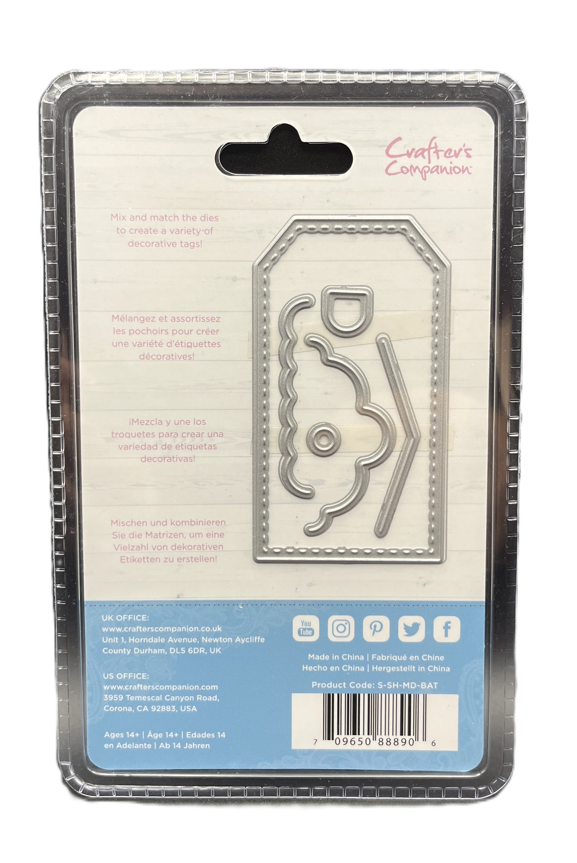 Metal die cut on a clear plastic card with branding and product details.