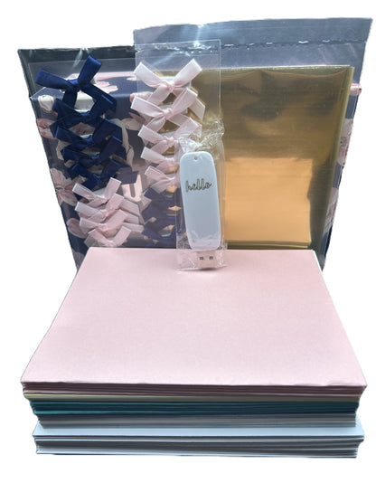 Stack of colorful paper sheets with a small bag of hair clips and a gold sheet in the background.