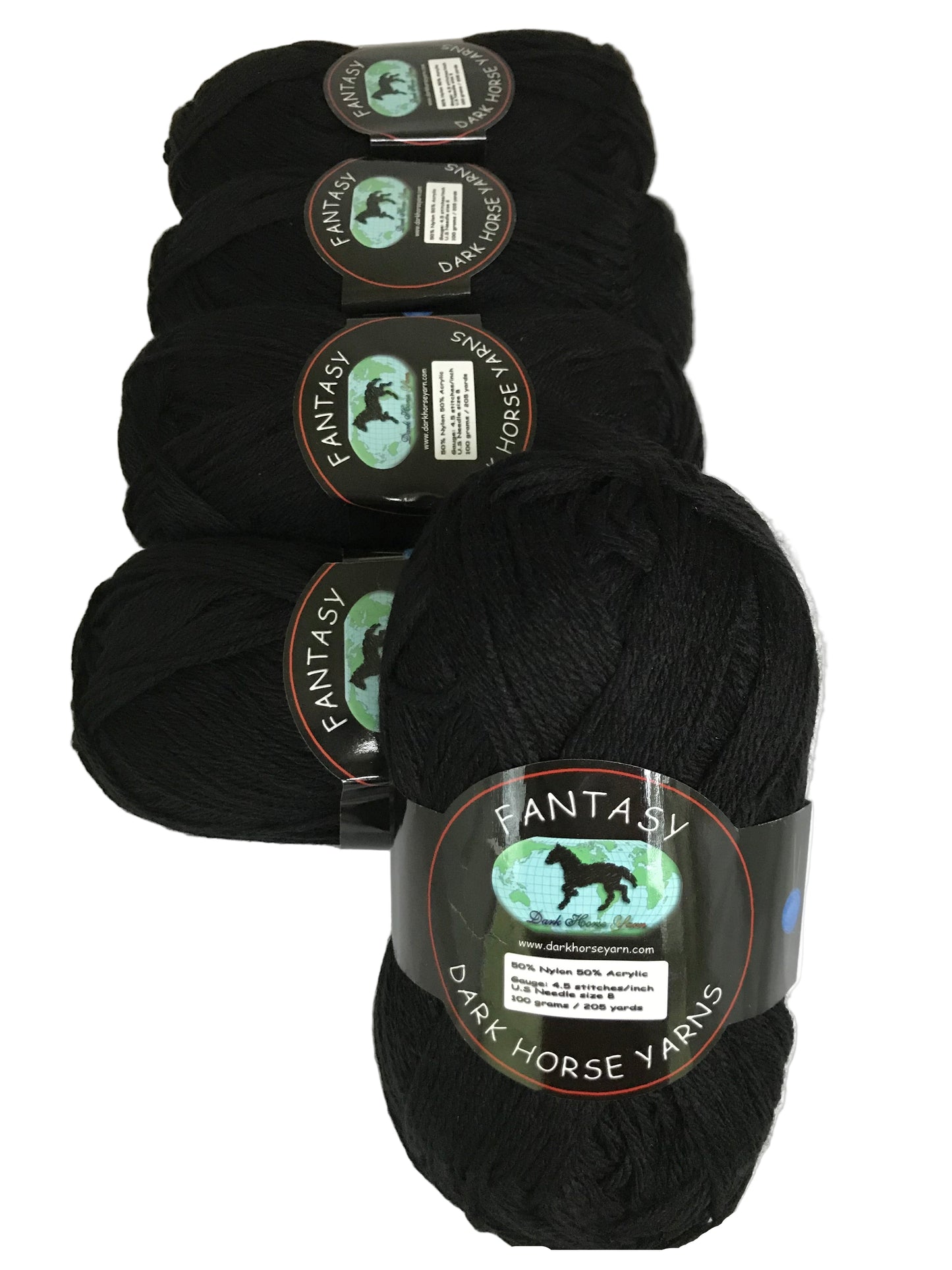 Black yarn skeins with 'Fantasy Dark Horse Yarns' labels on a white background
