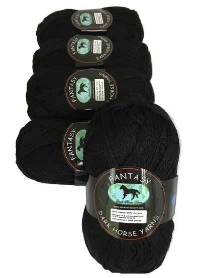 Black yarn skeins with 'Fantasy Dark Horse Yarns' labels on a white background